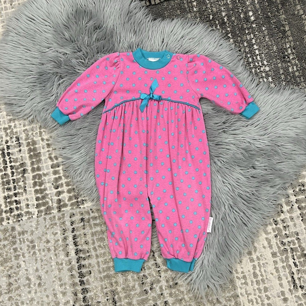 Vintage 90's Healthtex Baby Girl Pink With Blue‎ Polka Dot Romper Size 18m USA